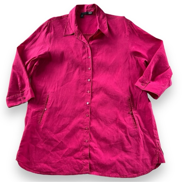 Eileen Fisher Linen Blend Button Front 3/4 Sleeve Tunic Top Blouse Large Pink - Picture 1 of 6